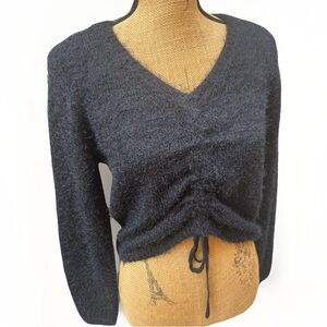 Made With Love Cropped V-Neck Fuzzy Sweater Adjustable Tie Black Size XL